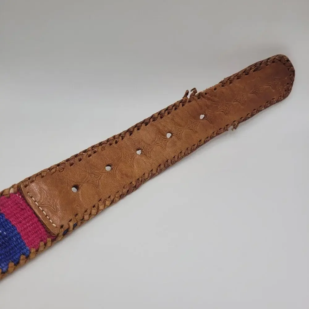 Brown Leather Belt Med Braided Woven Multicolor Stripe Artisan Ethnic Whipstitch